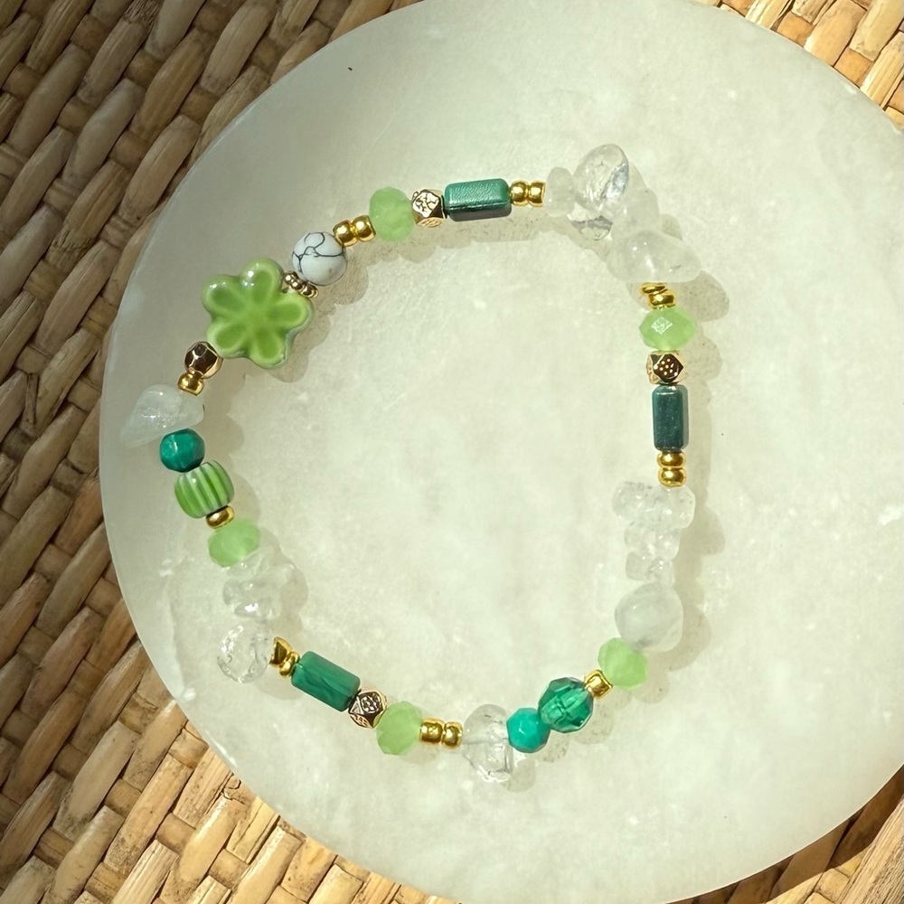 Green and Gold Crystal Beaded Stretch Bracelet